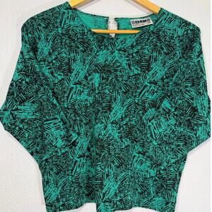 Vintage DEB Shirt 1990s  Abstract Womens Teal Black Boxy Fit M Artsy Grunge Y2K